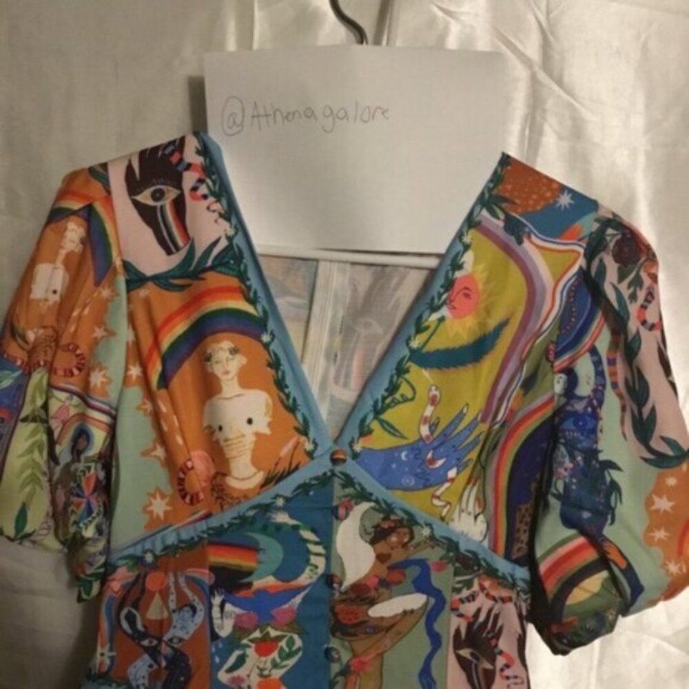 Green Art Puff Sleeve Corset Linen Abstract Floral A- Line Midi Dress XL - Picture 15 of 16